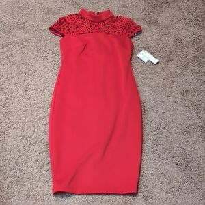 Red Sheath Midi Dress with Mock Neck and Cap Sleeves